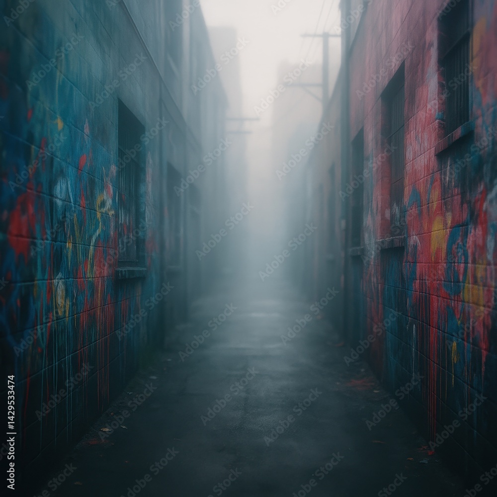 Fototapeta premium Foggy urban alley with colorful graffiti murals on wet walls in mysterious atmosphere