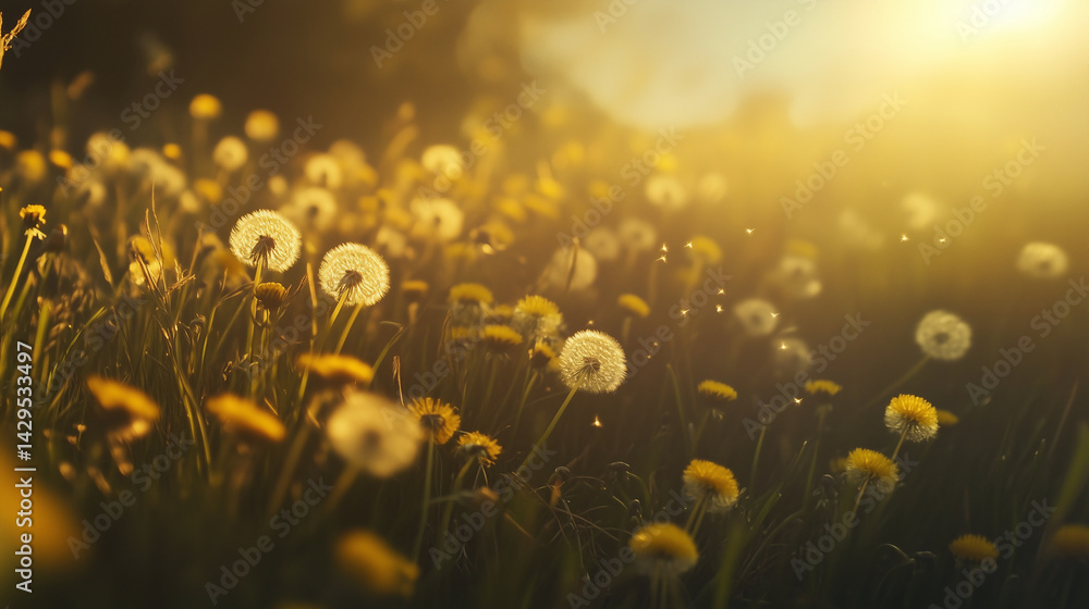 Close-up of sunlit dandelions swaying in a spring meadow.