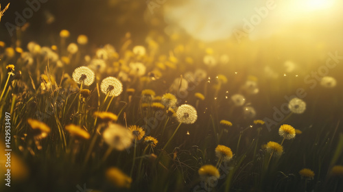 Obraz na płótnie Close-up of sunlit dandelions swaying in a spring meadow. w salonie