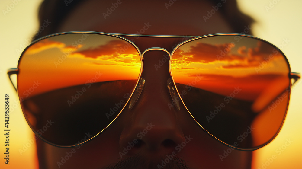 Close-up of sunglasses reflecting a blazing summer sunset.