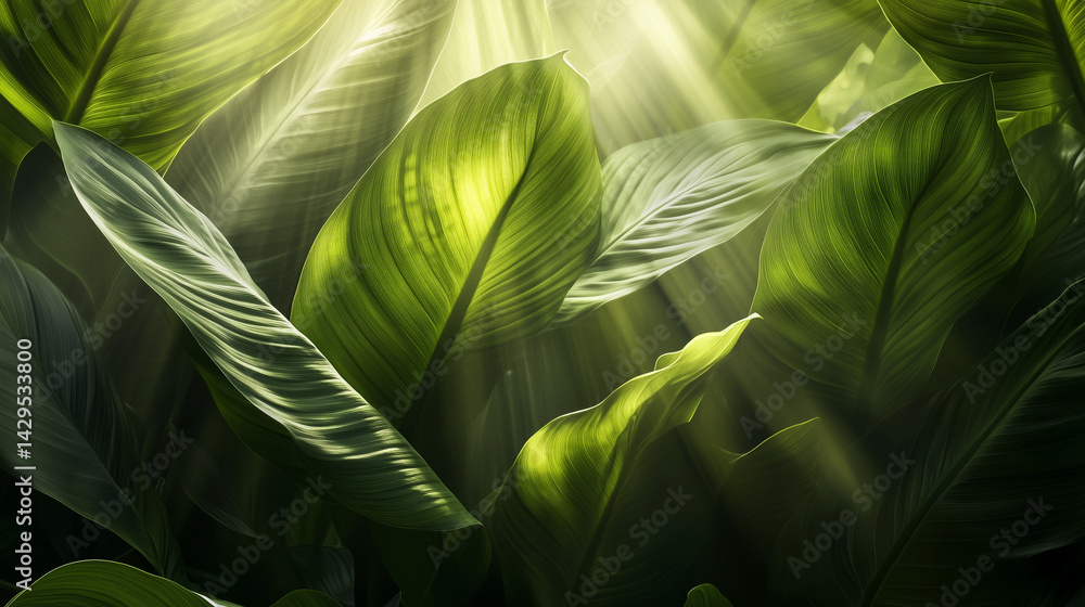 Macro shot of sun rays streaming through dense green summer leaves.