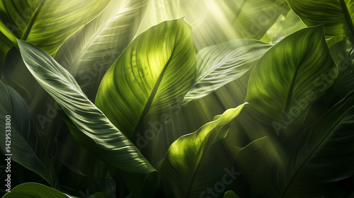 Obraz na płótnie Macro shot of sun rays streaming through dense green summer leaves. w salonie