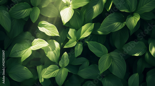 Macro shot of sun rays streaming through dense green summer leaves.