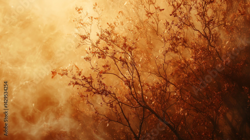 Obraz na płótnie Macro shot of fog curling through orange and brown autumn trees. w salonie