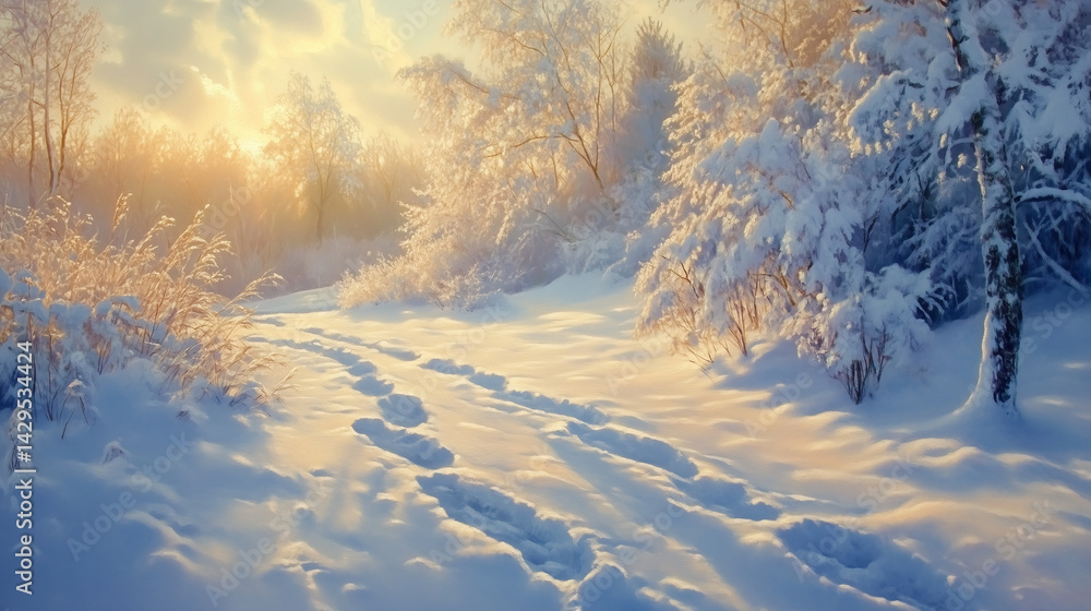 Detailed shot of footprints in fresh snow under soft winter light.