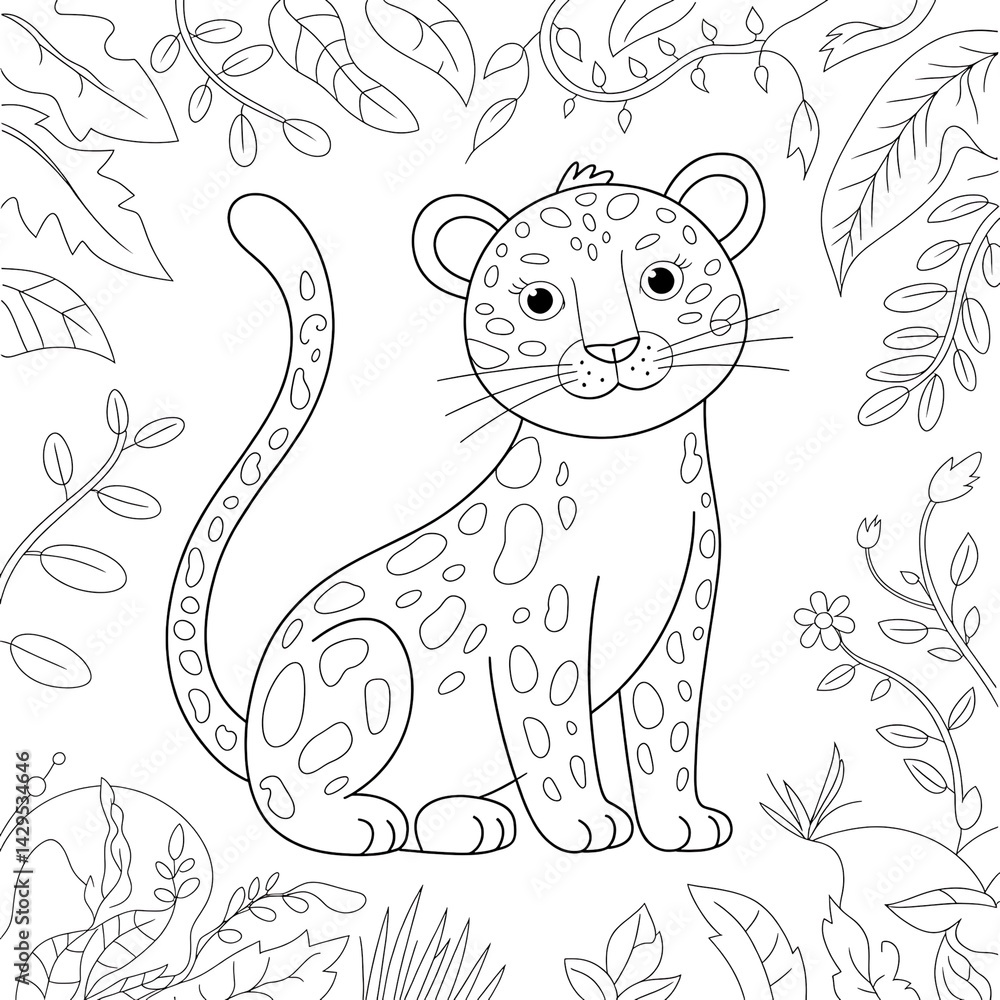 Leopard Coloring Page: Cute Cartoon Illustration of a Playful Young Animal in Jungle Setting – Fun and Educational Activity for Animal Lovers Leopard Coloring Page: Cute Cartoon Illustration of a Playful Young Animal in Jungle Setting – Fun and Educational Activity for Animal Lovers