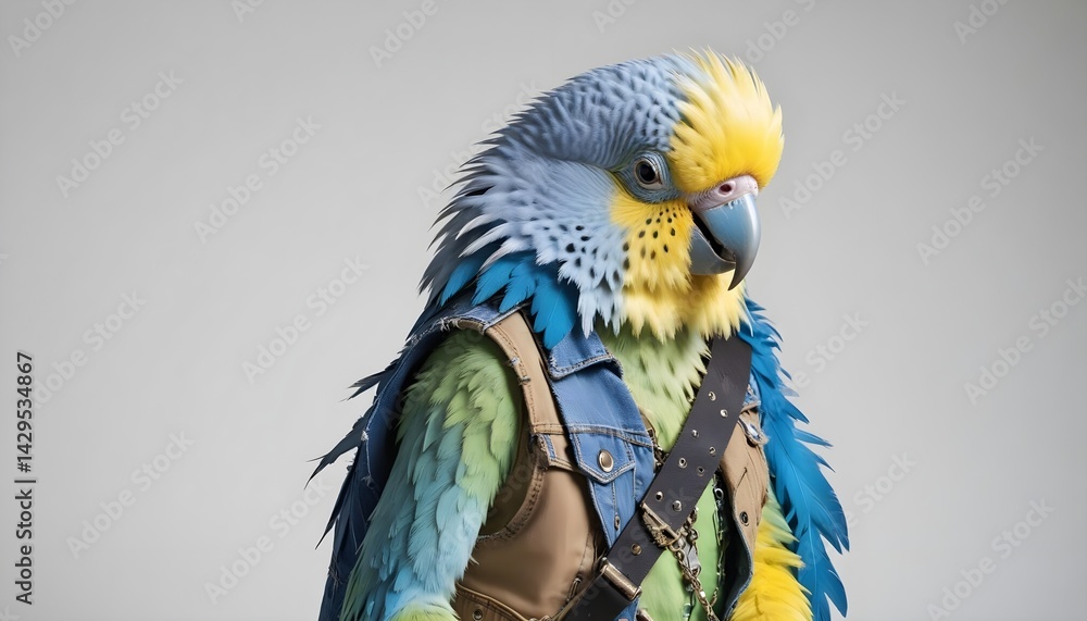 Fototapeta premium Budgerigar Portrait in Realistic and Humorous Style with Instruments and Outfits