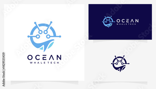 Whale and dot connection technology logo design ideas. Creative vector ocean tech & science, based icon template.
