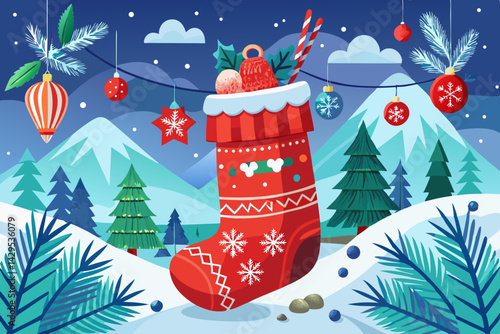 vector of Red knitted Christmas stocking with Scandinavian decorations hanging in a winter landscape