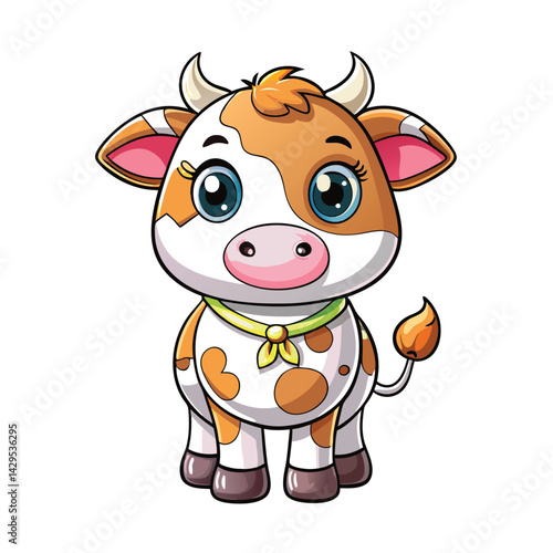 Cute cartoon cow with large eyes and a yellow bandana