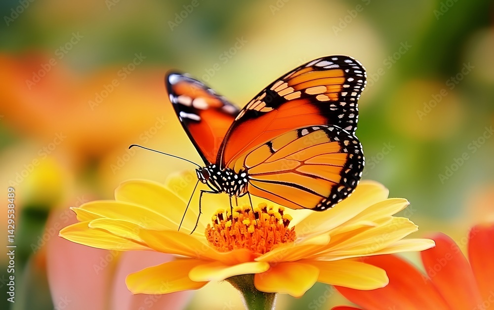 Fototapeta premium Beautiful Monarch Butterfly on Yellow Flower in Garden
