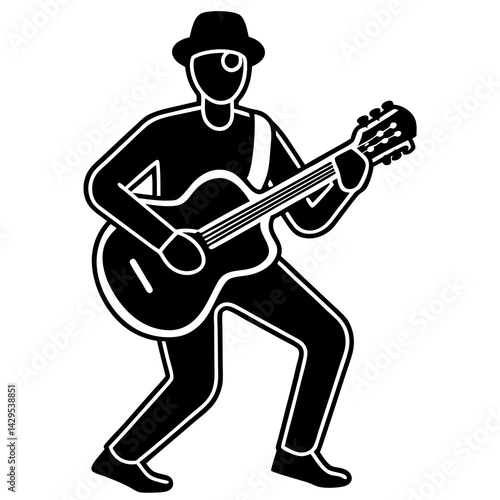 Black And White Vector Illustration Of A Guitarist Wearing A Hat