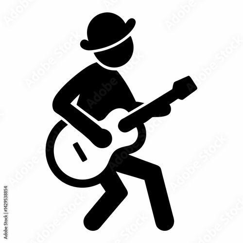 Pictogram Of Man Playing Guitar In Hat Performance Silhouette Vector Illustration