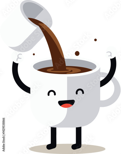Coffee cup pouring hot brown coffee with smiling face cartoon vector illustration 