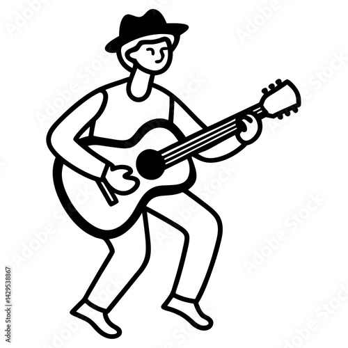 Minimalist Outline Illustration Of Musician Playing Guitar With Hat On White Background