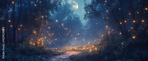 Enchanted twilight forest with bioluminescent lights under a luminous moon