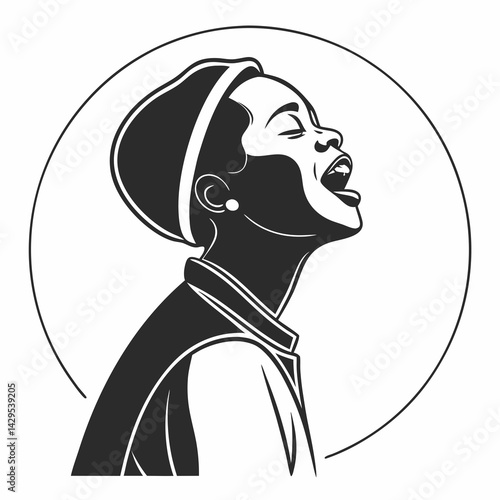 Vector Silhouette Of A Woman Singing With Head Up In A Circle