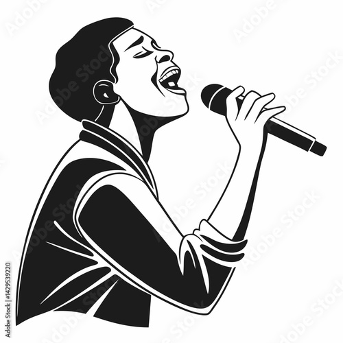 Passionate Singer Holding Microphone Performing Live Music With Enthusiasm Monochrome Style