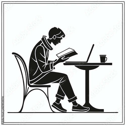 Monochrome Silhouette Illustration Of Man Reading Book With Laptop And Coffee