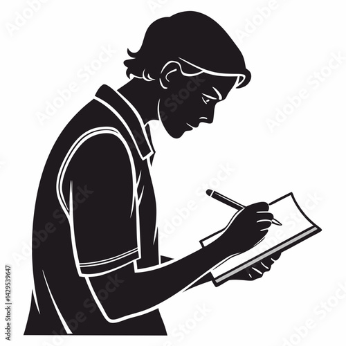 Man Writing Notes In A Notebook Silhouette Style Vector Illustration Design