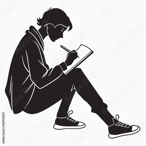 Silhouette Of Young Man Sitting Drawing Sketch In Notebook With Pen Art