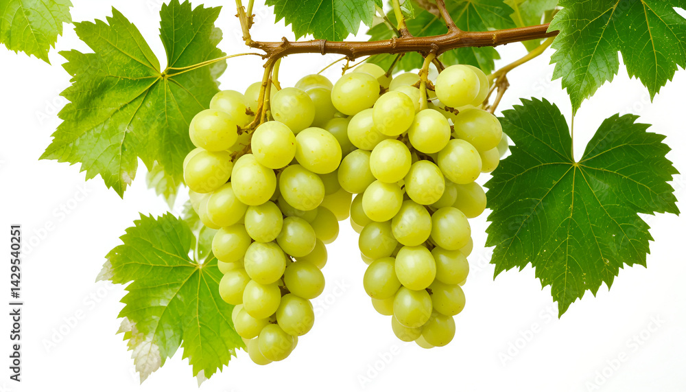 Obraz premium Green Grapes on Stem with Leaves Isolated on White for Healthy Eating and Harvest Concepts Featuring Fresh Bunches of Light Green Fruit for Food Imagery: Green, Grapes, Stem, Leaves, Isolated, White.