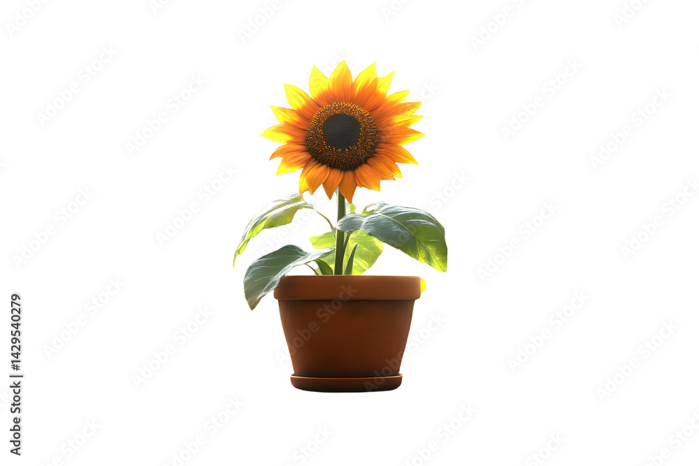 Obraz premium Potted Sunflower with Vibrant Yellow Petals and Green Leaves Ideal for Home Decor and Botanica