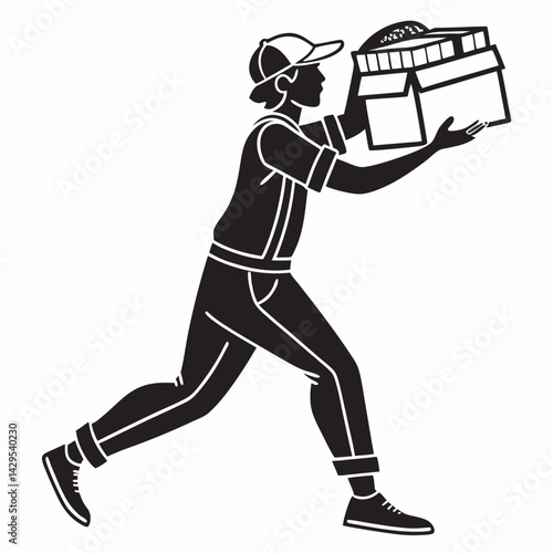 Delivery Person With Package Running Fast Black And White Illustration