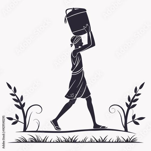 Silhouette Of African Woman Carrying Water Illustration In Nature Scenery Artwork