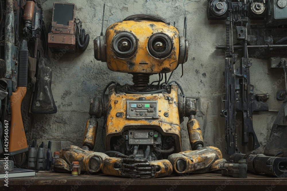 Battle worn robot with scratches and scars in workshop setting Battle worn robot with scratches and scars in workshop setting