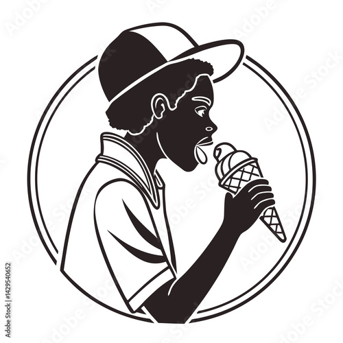 Boy In A Cap Eats Ice Cream Cone Black And White Illustration