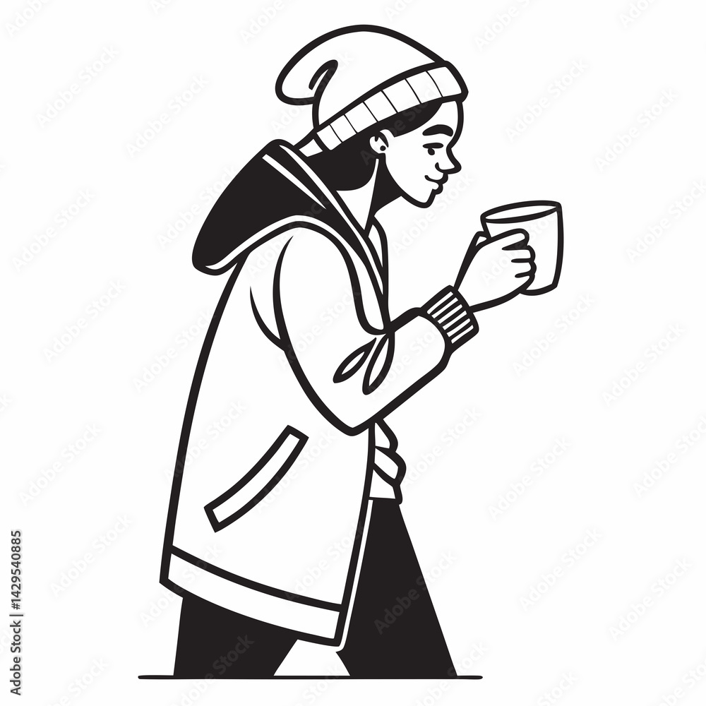 Minimalist Line Art Of Woman With Coffee Wearing Hat And Hoodie Walking Minimalist Line Art Of Woman With Coffee Wearing Hat And Hoodie Walking