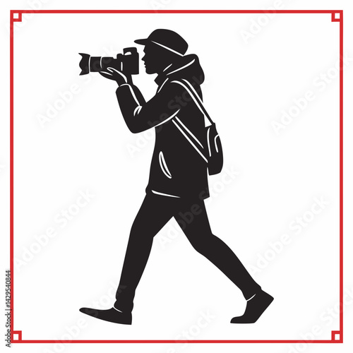 Silhouette Of Photographer Taking Picture With Camera In Minimal Vector Illustration