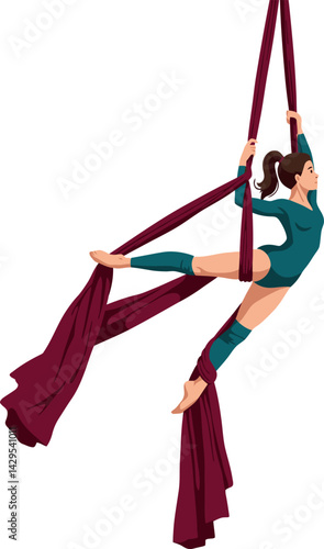 Aerial silk acrobat performing elegant pose with burgundy fabric in dynamic aerial dance 