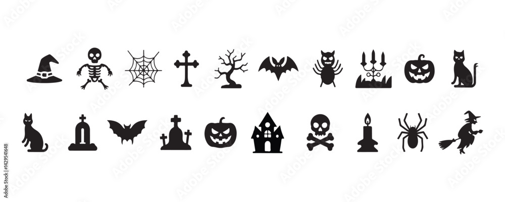 Spooky Halloween Icons Set – Black and White Vector Silhouettes for Holiday Designs Spooky Halloween Icons Set – Black and White Vector Silhouettes for Holiday Designs