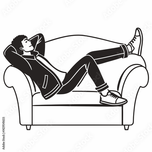 Man Relaxing On Couch Line Art Monochrome Illustration Minimalist Style Design