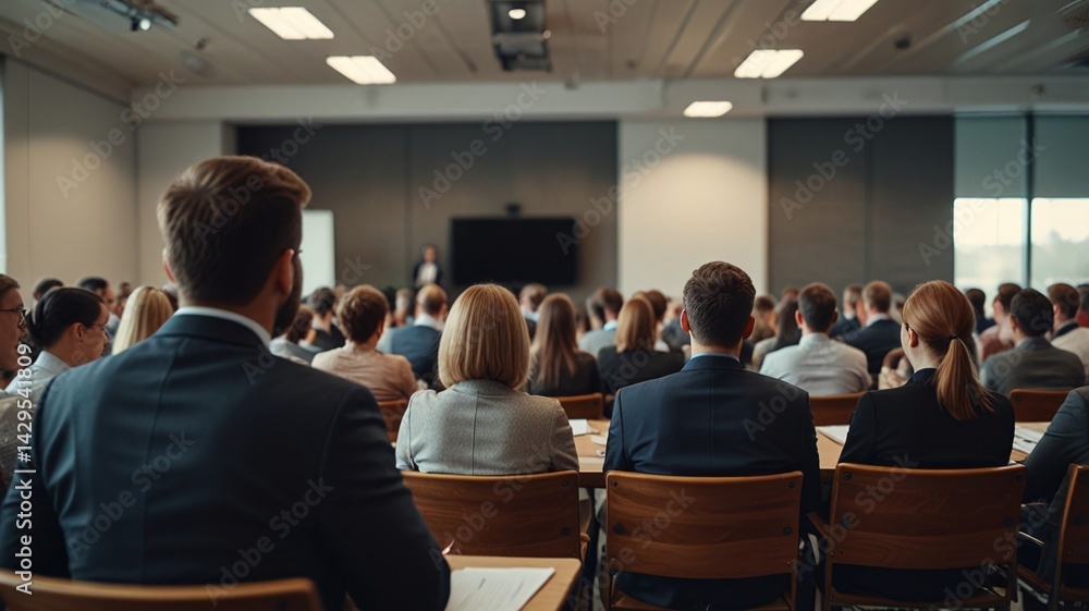 Obraz premium Business and entrepreneurship symposium. Speaker giving a talk at business meeting. Audience in the conference hall. Rear view of unrecognized participant in audience.