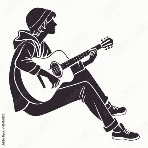Guitarist Silhouette In Hoodie Playing Acoustic Guitar Outdoors Vector Illustration Isolated