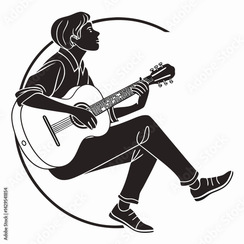 Silhouette Of Guitarist Playing Acoustic Guitar Isolated On White Background Artwork