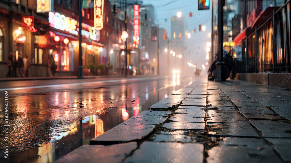 Cracked city street with water reflections and glowing neon lights Cracked city street with water reflections and glowing neon lights