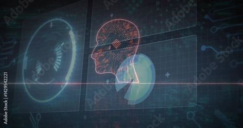 Digital head silhouette showing neon circuit chip floating over HUD panels displaying radial charts