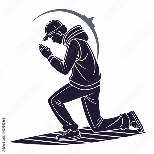 Vector Illustration Of A Man Praying Wearing Hoodie And Cap On Knees