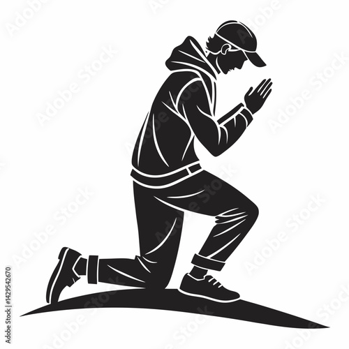 Silhouette Illustration Of A Man Kneeling In Prayer With Hands Clasped Together