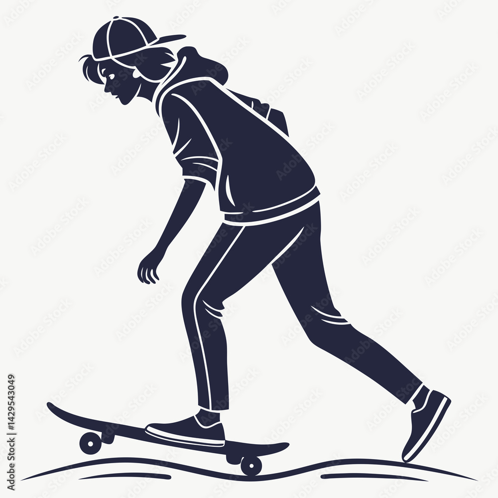 Fototapeta premium Minimalist Illustration Of Skateboarder In Hoodie And Cap Doing Skateboard Tricks
