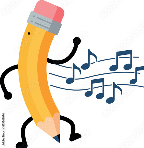 Animated pencil character dancing with musical notes vector illustration creative design 