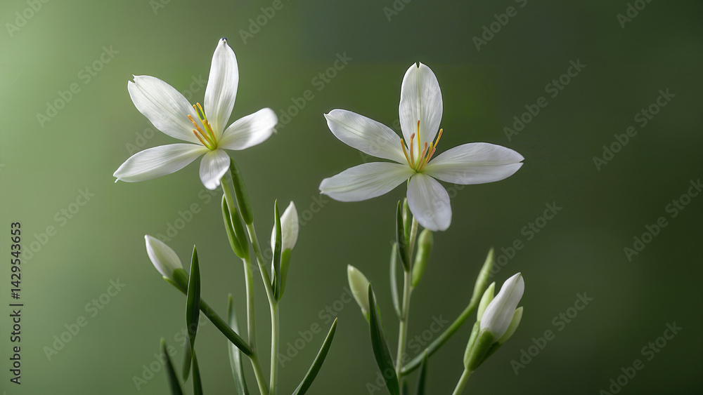 Naklejka premium Elegant white flowers with green stems and buds, perfect for spring, nature, and floral backgrounds.