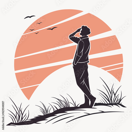 Silhouette Man Staring Far At The Horizon With Seagulls And Sunset Scenery