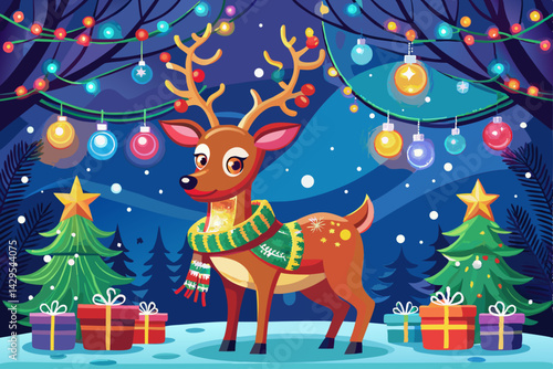 vector of Christmas decoration reindeer on festive holiday background with snowflakes and lights