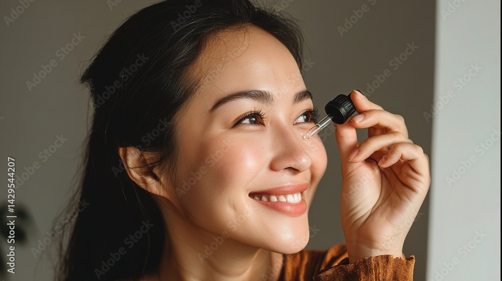 Smiling Asian Woman Applying Skincare in Bright Natural Light Smiling Asian Woman Applying Skincare in Bright Natural Light