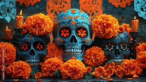An artistic and colorful Day of the Dead altar scene with skulls, marigolds, and candles, rich with cultural symbolism. The composition captures the festive spirit, paying tribute to the departed